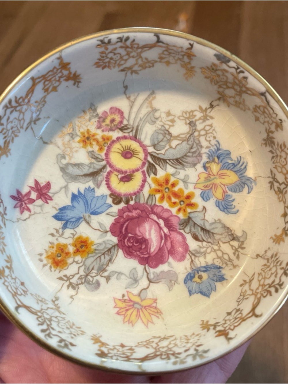 Vintage Sandland Ware Floral with Gold Trinket Pin Dish England 3.25”